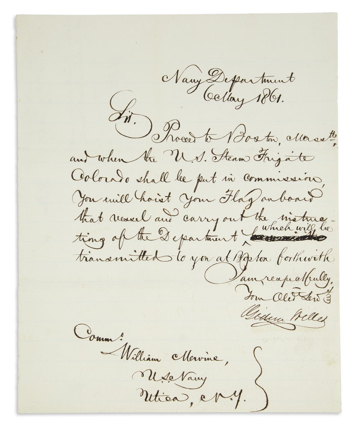 (CIVIL WAR.) WELLES, GIDEON. Letter Signed, as Secretary of the Navy, to Commodore William Mervine,